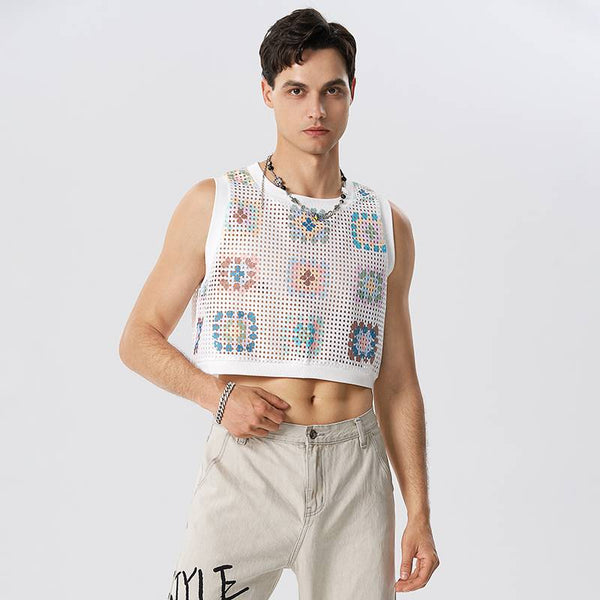 Mens Crochet Print Mesh Crop Tank Tops by INCERUN